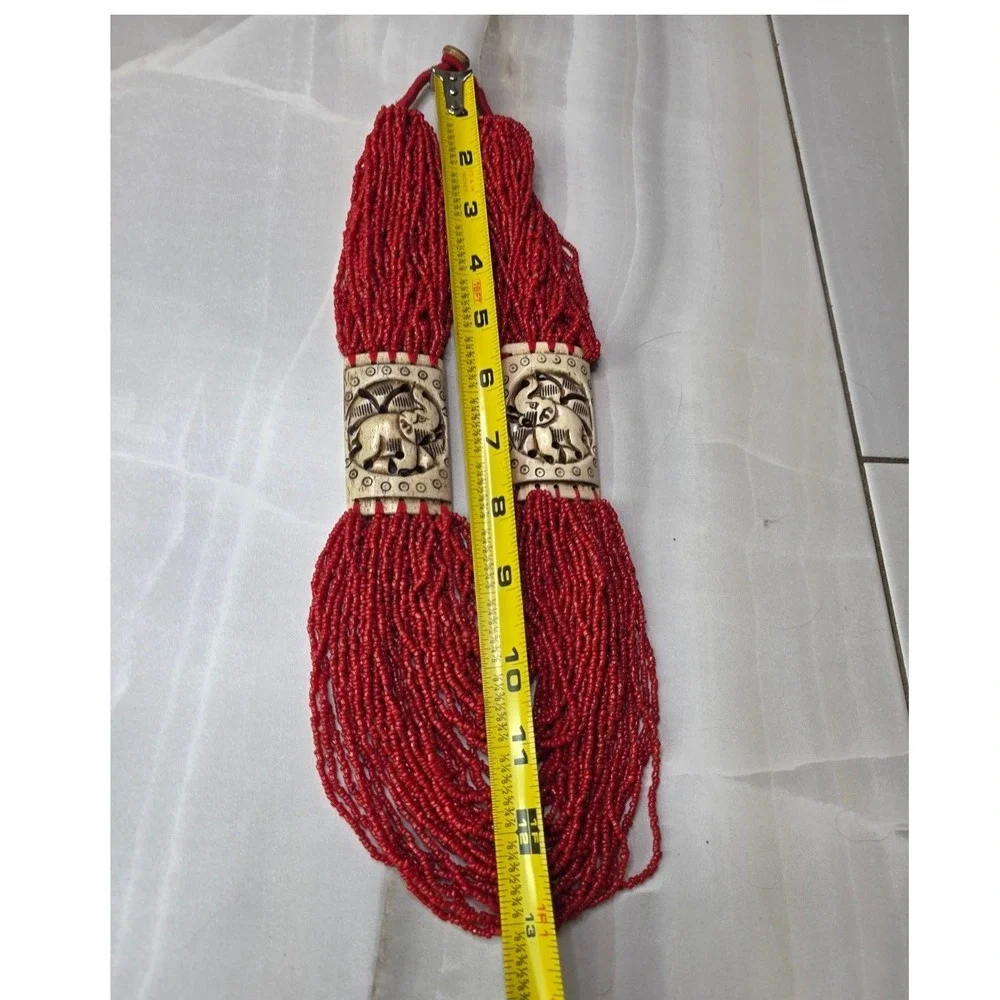Vintage‎ Red Multi Strand Seed Bead Elephant Carved Statement Necklace Boho
